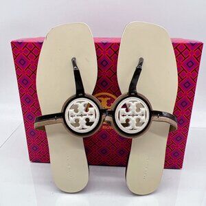 Tory Burch Bombe Miller Double T logo Slide Thong Sandal Flat Coco/ Ivory US 10